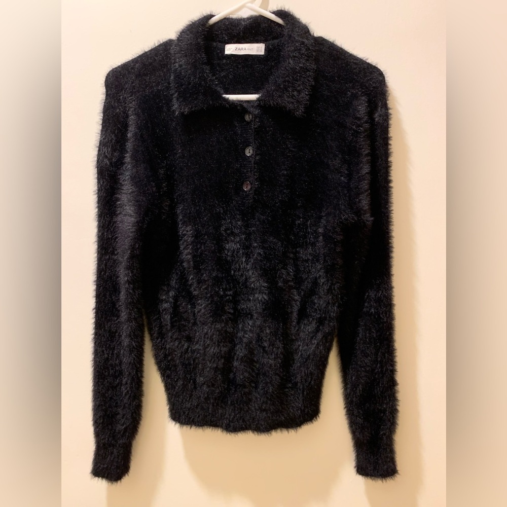 Zara Black Fuzzy Furry Collared Polo Sweater fits XS